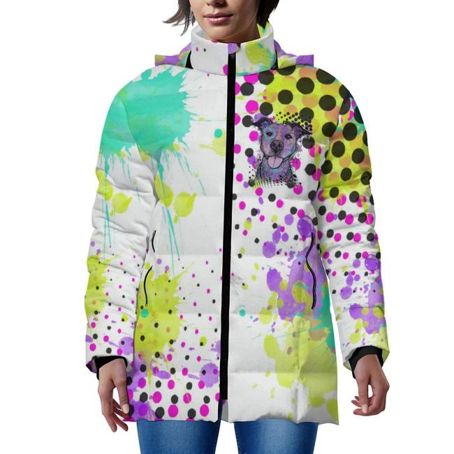 Preview: Warme Winterjacke mit Hundemotiv Mäusi – Popart Hundemotiv, 96% Polyester, 4% Spandex Unisex, bunt, warm, stylisch, modern, Amstaff, Staff, Staffordshire, Pitbull, Pit, Größe S-6XL,